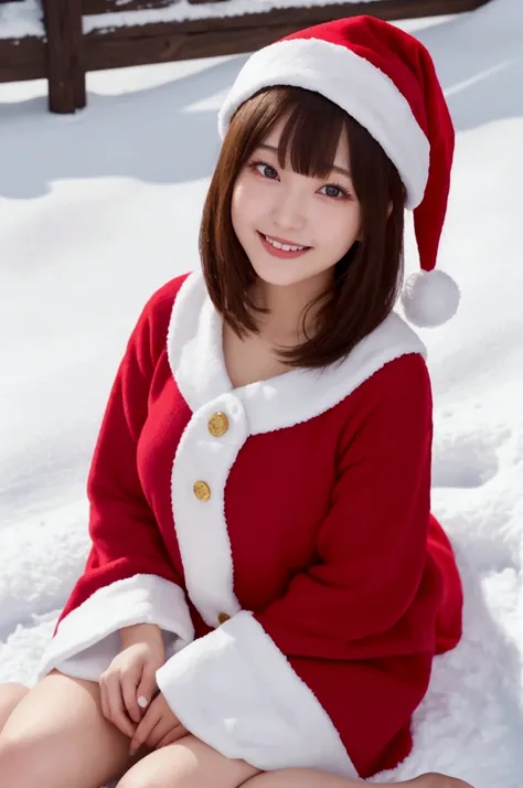 masterpiece, best quality, high quality, FHD, Full-HD, woman, cake, grinning, sitting on the floor, looking to the side, bob, bangs pinned back, big eyes, slender, lanky, cute face, 20-year-old, japanese, at Christmas, in the snow mountain, Santa Claus Cla...