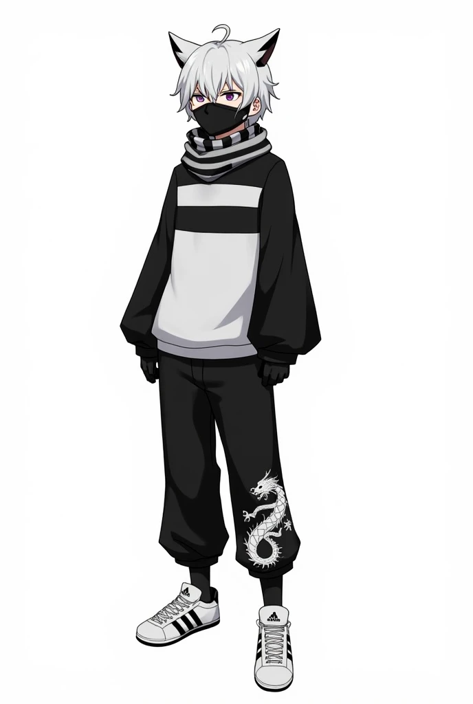 

*head:*  The character has cat ears ,  disheveled white and black hair that partially covers the face .  He seems to be wearing a mask or handkerchief that covers his mouth and nose .

*neck:*  He wears a wool scarf with black and white stripes , knotted...