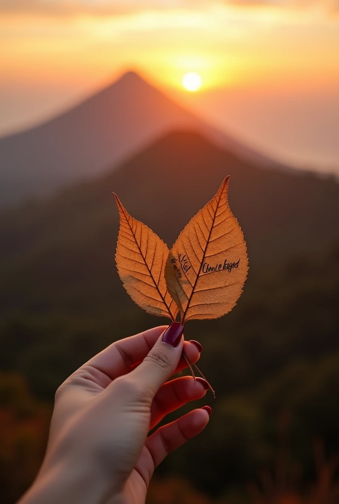  Womans hand her tiny little skinny finger with glossy maroon fake nails holding a silhouette sheet of dried leaves with writing "Selvi  & Fadli "   The background shows a beautiful and mesmerizing view of the sunrise at the top of Mount Rinjani  . Image q...