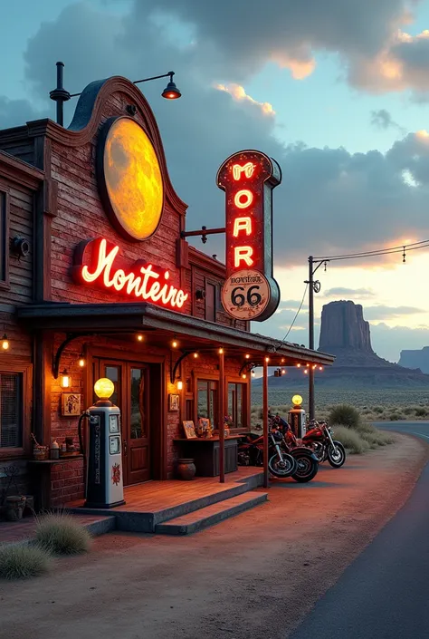 Create an image of a rustic ,  biker-style restaurant route 66 with the name Monteiro and a moon logo 