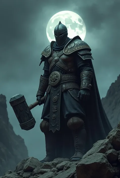 A powerful warrior standing on rugged, rocky terrain under a smaller, glowing full moon. The warrior wears heavy, weathered armor, designed for strength and protection, with a large, imposing helmet that completely conceals his face. The helmet should be i...