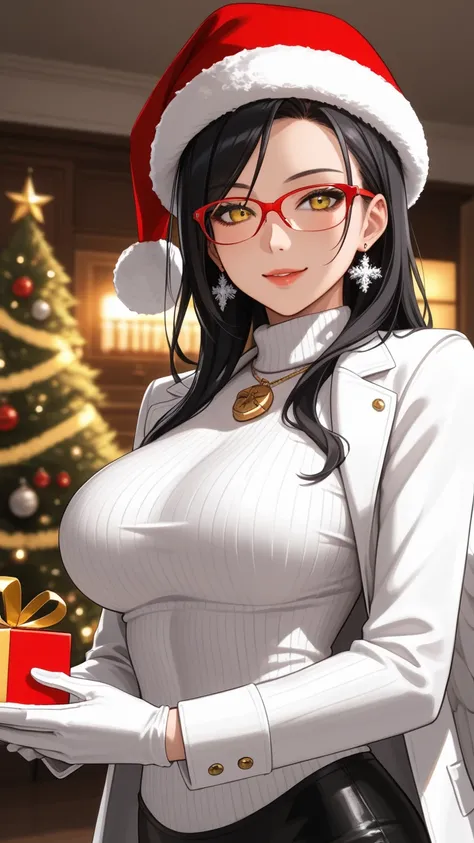  score_9,  score_8,  score_7, source_  animated, 1mature_FE, Asian woman,  black hair, long horse ,  bright yellow eyes , red glasses, white sweater with collar , long white coat, angel wings,  white gloves , Santa hat, black flick, pantalon negro, serene ...