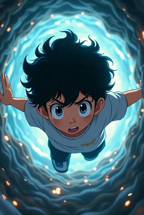  take a 4x4 photo of a boy with black and curly hair, being sucked into a portal , in anime form