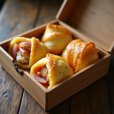 Pastry box with 2 ham and cheese crepes and 2 chicken crepes