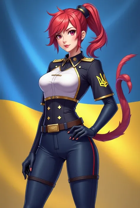  Image of female character of popular game Mobile Legends  (Character Vanvan ) full height (with tail )  in the shape of the Armed Forces .  Background - flag of Ukraine .  Must have an inscription about belonging to the game Mobile Legends