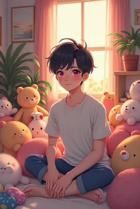 Male, pink eyes, black hair, short, cute, stuffed animals, pillows, Adult, roommate, 27 years old, manhwa, shy