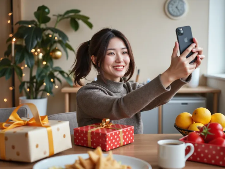 A 28-year-old female CEO of a listed company took a cute selfie from the first perspective. She was distributing year-end bonuses to employees at a company office in Miami, and saw a lot of Christmas gifts, fruits and food on the table (brown chest-length ...