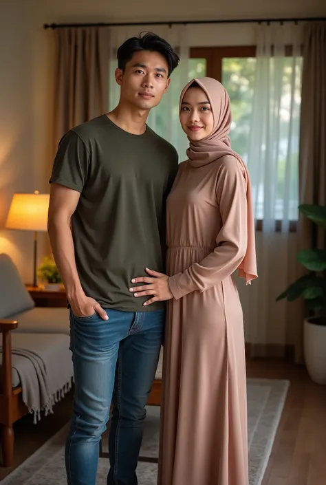 ((best quality)), ((masterpiece)), (detailed), perfect face, A very handsome Indonesian man in t-shirt and jeans, with a very cute Indonesian girl, Wearing a long, straight, neat hijab, wearing Beautiful and cute maxi dress, posing for a photo in the cozy ...