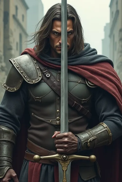 A hero with one eye uncovered and one covered by a sword