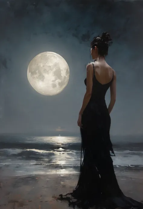 painting of a woman in a black dress standing in front of a full moon, bastien lecouffe - deharme, dark oil painting, casey baugh and james jean, jeremy mann, melancholic art, jeremy mann painting, the moon behind her, by Jakub Różalski, emotional sad pain...