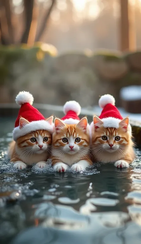 Three super cute ,  with soft and shiny fur ,  are relaxing in a hot spring ,  immersed in warm, tranquil water .  Each cat wears a red Christmas hat with white pompom ,  adorably fitted over their rounded and fluffy heads .  They have large eyes ,  shiny ...