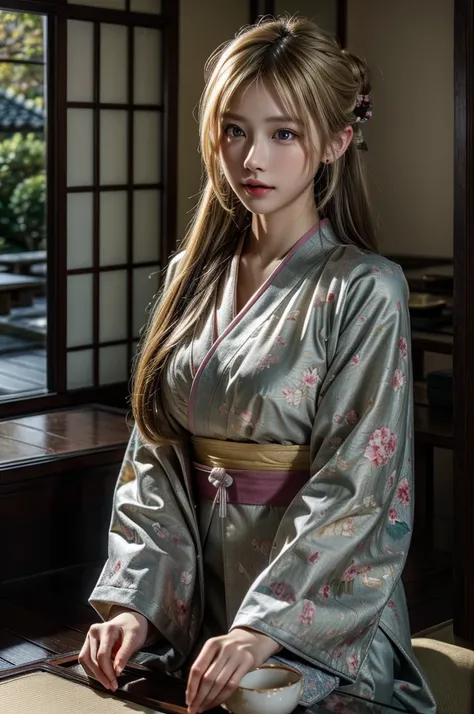 (photo realistic), (masterpiece), HDR, wallpaper, Highest quality, Award-winning photography,
(Intricate details), (Subtle details), (Intricate details),
(Cinematic Light), Sharp focus, 
A young blonde woman from Northern Europe,
dressed in a pretty kimono...