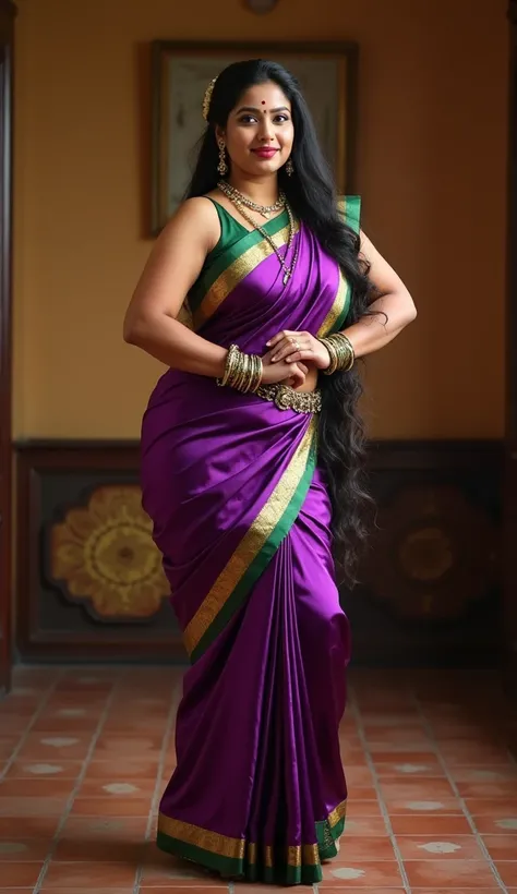 A kerala curvy  28 year old, , in purple and green satin sleeveless saree with golden border , classical dancing pose, long thick hair upto her back, hour glass body, thick thighs, big ass,looking towards camera, in her  kerala traditional indoor dance pra...