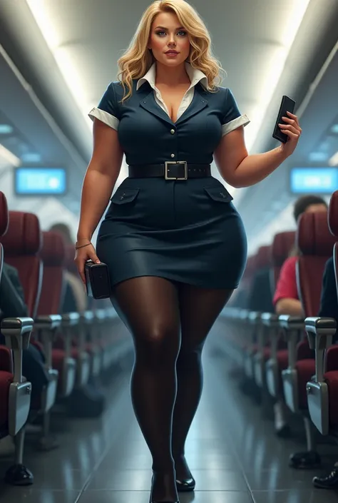 Blonde woman with thick muscular body black pantyhose high heels flight attendant Thick body thick ass