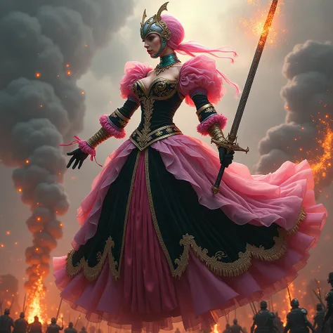 until,  digital illustration ,  highly detailed ,  tongue ,  an unrealistic illustration ,  digital painting ;  a living armor floating gracefully above an intense battlefield ,  wearing an opulent and extravagant ball gown .  The armor features an elabora...