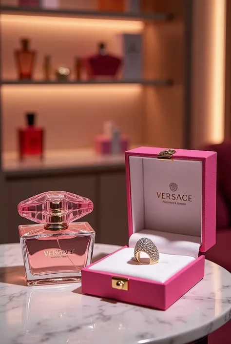  A luxurious and elegant table inside a Versace brand perfume store in Dubai and in the background a Versace perfume rack with an elegant Versace brand box containing 2 Bright Crystal Parfum 90 ml pink perfumes and a ring in an elegant box of the Versace b...