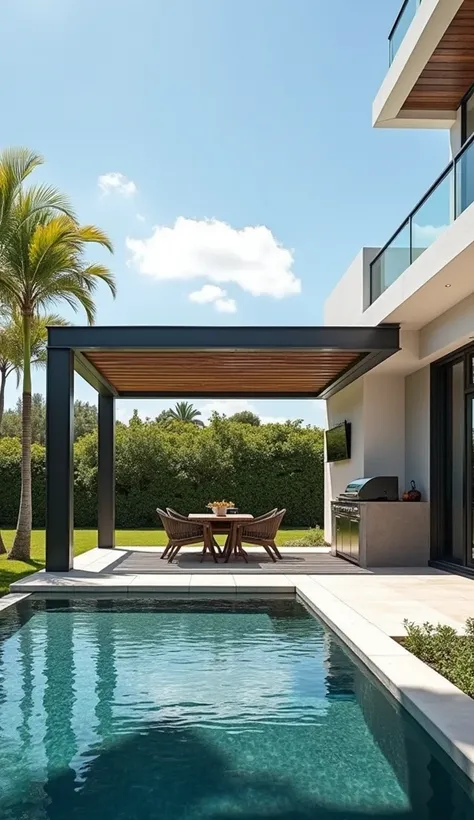 a roofed pergola in aluminum, with a barbecue kitchen, at the edge of a swimming pool in a nice house with a large lawn, in the town of aventura - miami