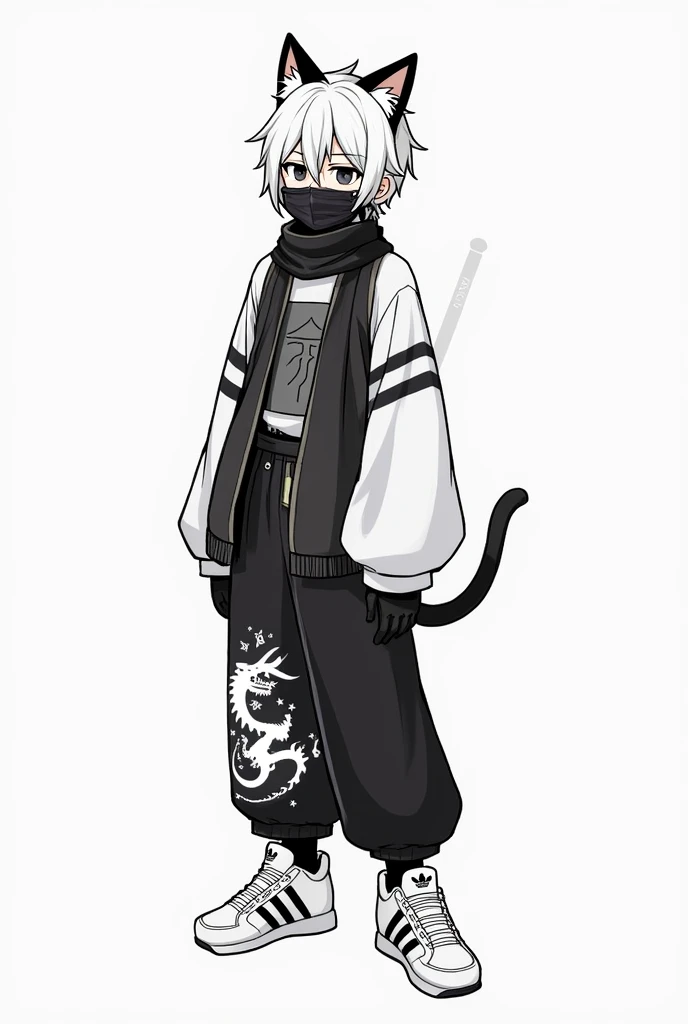 

*head:*  The character has cat ears ,  disheveled white and black hair that partially covers the face .  He seems to be wearing a mask or handkerchief that covers his mouth and nose .

*neck:*  He wears a wool scarf with black and white stripes , knotted...