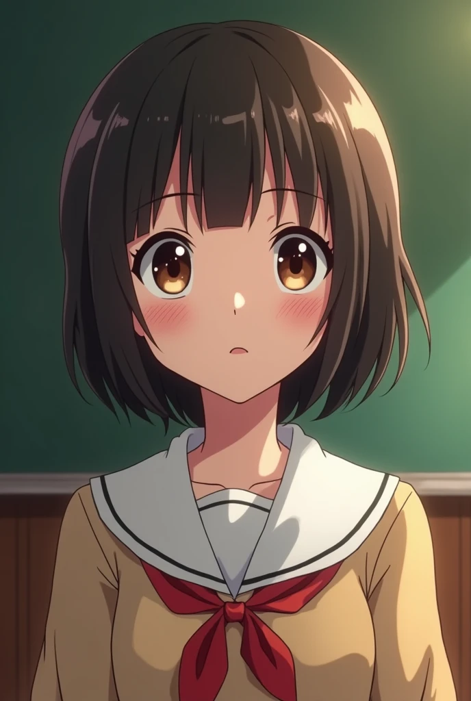  Screenshot of my hero Academi ,  girl with short shoulder-length hair , Tinto with straight bangs , with a serious expression,   brown eyes is wearing the school uniform of the U.a  y de fondo tiene una clase de la U.a 