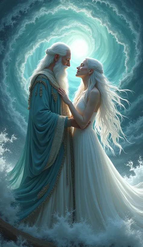  goddess Skidi silver-haired and white-skinned saying goodbye to Njord,  god of the sea , And a divine laugh hyper realistic illustration 
