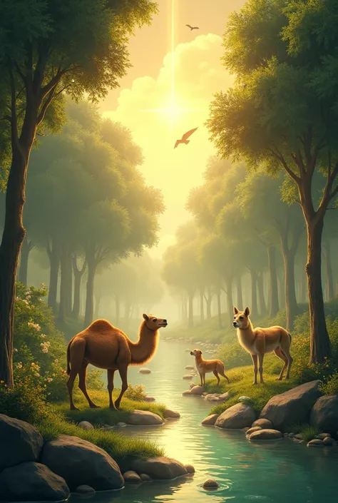 **Prompt for Leonardo AI :**  

" Stunning illustration of 10 special animals that God promised would enter Heaven .  Each animal is depicted with full light and aura of glory .  These animals include : camel of Prophet Shaleh ,  Ashabul Kahfi dog ,  the H...