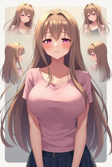  One girl ,  long hair,  closed eyes, tears,  Big Breasts , tears睨みつける/ makes a disgusting face/Dissatisfied,  multi-view,  widescreen, Chest Circumference,  illustration, anime,  high school girl
