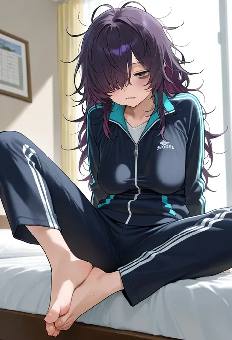 (masterpiece, best quality, amazing quality, very aesthetic, absurdres, newest:1), masterpiece,best quality,amazing quality,1girl,solo,solo girl,long hair,dark purple hair, ((messy hair)), hair over one eye,bags under eyes ,jitome ,half closed eyes,closed ...