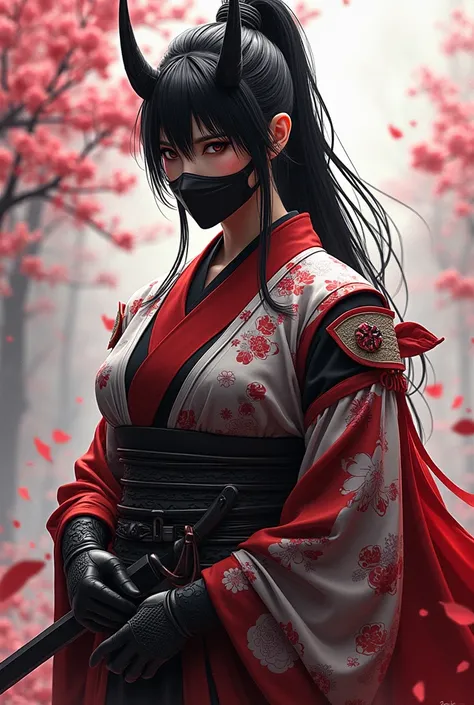 Strong woman wearing armor and kimono in black red white with black sakira pattern kimono with blood and wearing hhalf oni mask , darker and bold color and sakura flowers and blood background 