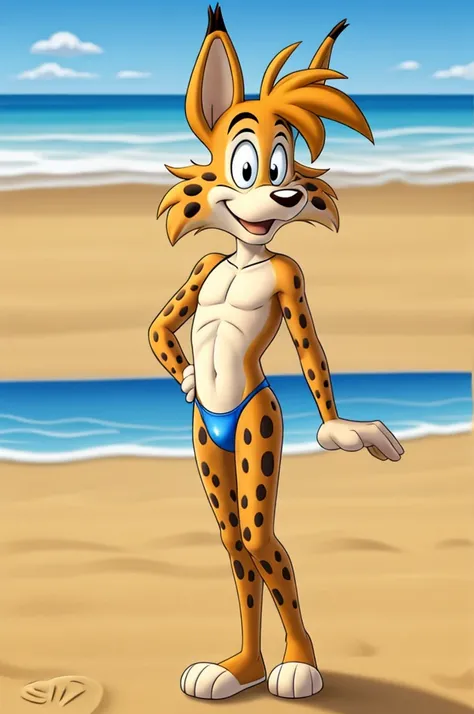 Lynx cartoon guy full length slim skinny in blue speedo on the beach with a happy face striped tail