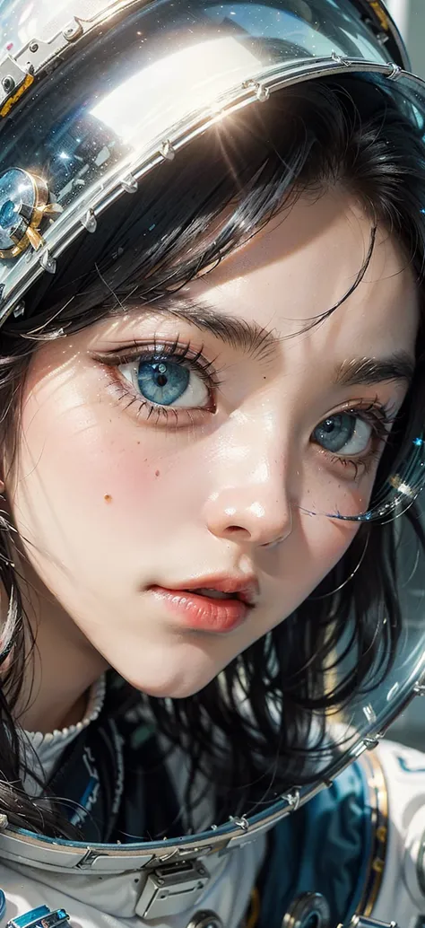 (Close-up of a better masterpiece:1.5)0.9], (Space and astronauts:1.2) (Messy silver hair:1.1) (Heterochromia xanthochromia and blue eyes:1.2) (Space Helmet:1.0) (Colored stars in the eyes:1.0) (A radiant glow:1.1) (thick lips:0.9)