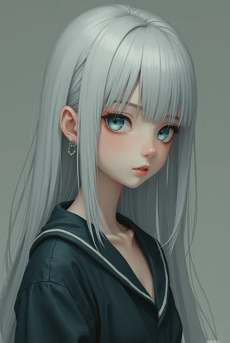  An Anime girl with straight white hair, without bangs, of a 26-year-old ,  with dark midnight blue eyes , and pale skin,  dressed in old and worn clothes 