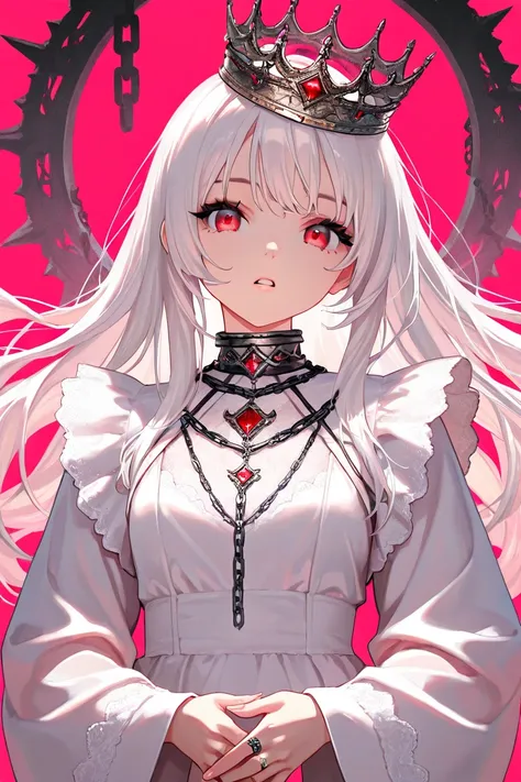 1girl, solo, long hair, looking at viewer, simple background, red eyes, long sleeves, dress, jewelry, upper body, white hair, parted lips, teeth, wide sleeves, white dress, fingernails, eyelashes, chain, pink background, ring, own hands together, crown, re...