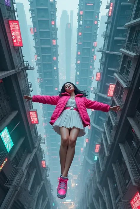 🤣🤣🤣🤣🤣🤣🤣
Prompt :
A futuristic cyberpunk cityscape with towering, densely packed skyscrapers and intricate architectural designs. In the foreground, seen from above, a beautiful Thai girl , looking at the camera, wearing fashion Pink Jacket  white pleated s...