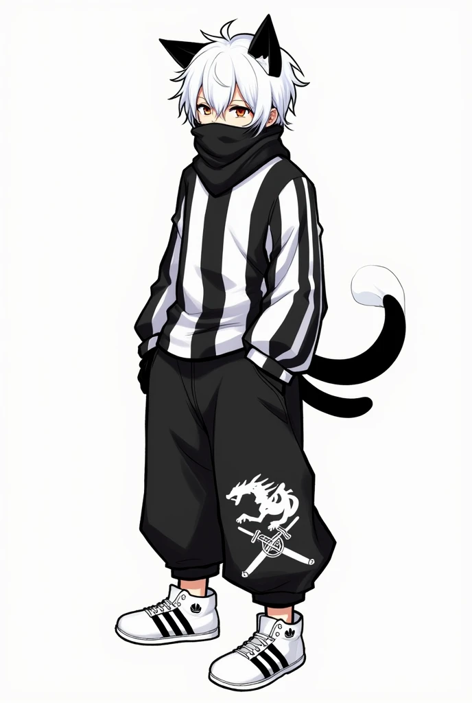 

*head:*  The character has cat ears ,  disheveled white and black hair that partially covers the face .  He seems to be wearing a mask or handkerchief that covers his mouth and nose .

*neck:*  He wears a wool scarf with black and white stripes , knotted...