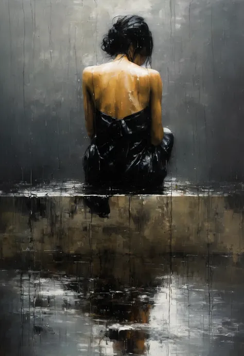 painting of a nude woman sitting in the rain with her head down, emotional sad painting, raining, emotional oil painting, melancholic painting, in the rain, dark oil painting, jeremy mann painting, dirty; oil on canvas, by Choi Buk, rain, acrylic and oil p...