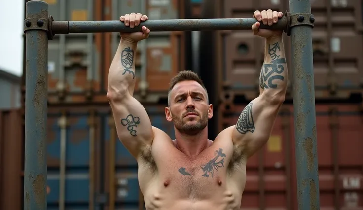 A muscular man performing a pull-up on a metal bar, with a background of rusty metal containers. The man has short hair, visible tattoos, and dirt smudges on his arms and torso. His expression is intense, highlighting physical strength and determination. T...