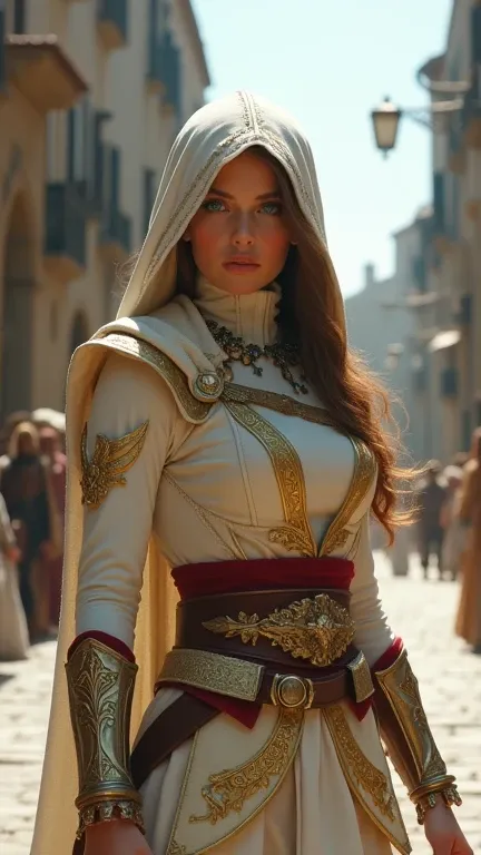 Ultra-realistic photo A breathtaking wide shot of Princess Zelda, with flowing brown hair and captivating blue eyes, dressed in an intricately designed Assassins Creed-inspired outfit. Her attire features a white-and-gold color palette with luxurious gold ...