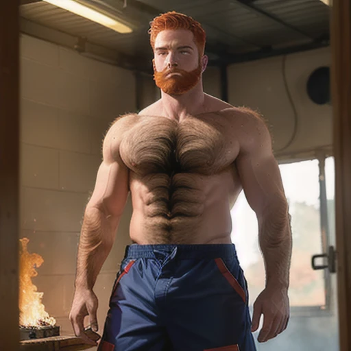 a male 22 years old firefighter man taking off clothes at the fire-station, seductive facial expression, ginger hair, medium beard, (hairy body:1.2), sweat on body, firefighter uniform, firefighter gear, pulled down pants, dynamic pose, staring at a viewer...