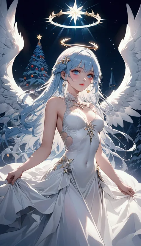 a beautiful girl at a holy night, Christmas image sexy white costume, long voluminous light blue hair, She has big wings like an angel. detailed face, beautiful detailed eyes, beautiful detailed lips, extremely detailed face and eyes, cinematic lighting, d...