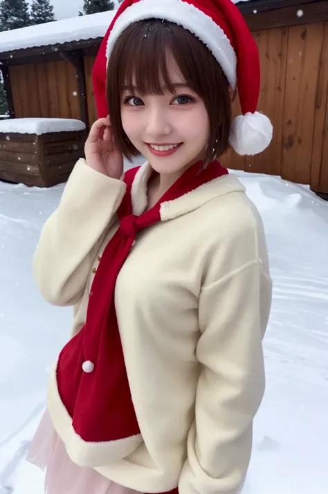 masterpiece, best quality, high quality, FHD, Full-HD, woman, cake, grinning, looking to the side, bob, bangs pinned back, big eyes, slender, lanky, cute face, 20-year-old, japanese, at Christmas, in the snow mountain, dancing, Santa Claus Claus Clothes