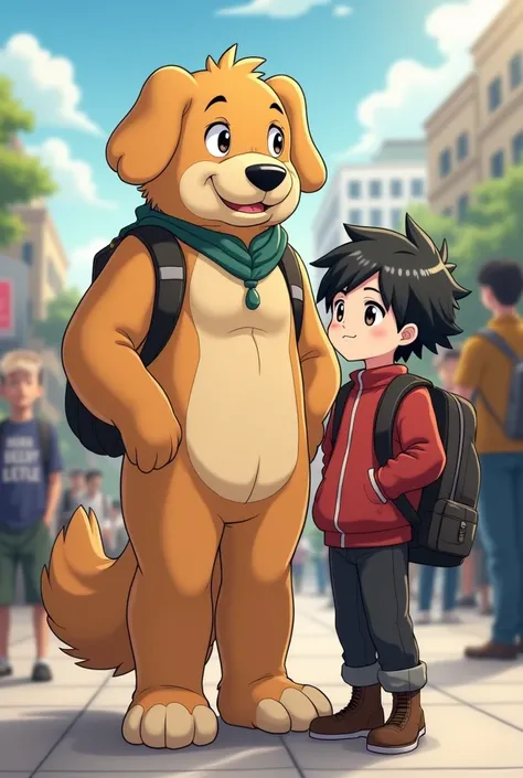 Two characters. Character 1: (a middle-aged man with black hair and a mustache, dad bode, tall wearing a furry suit of an anthropomorphic Golden Retriever). Character 2: (a young boy with a backpack). They are at a Furry Convention and Character 1 dresses ...