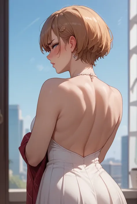 short  hair, blushing, embarrassment,back view