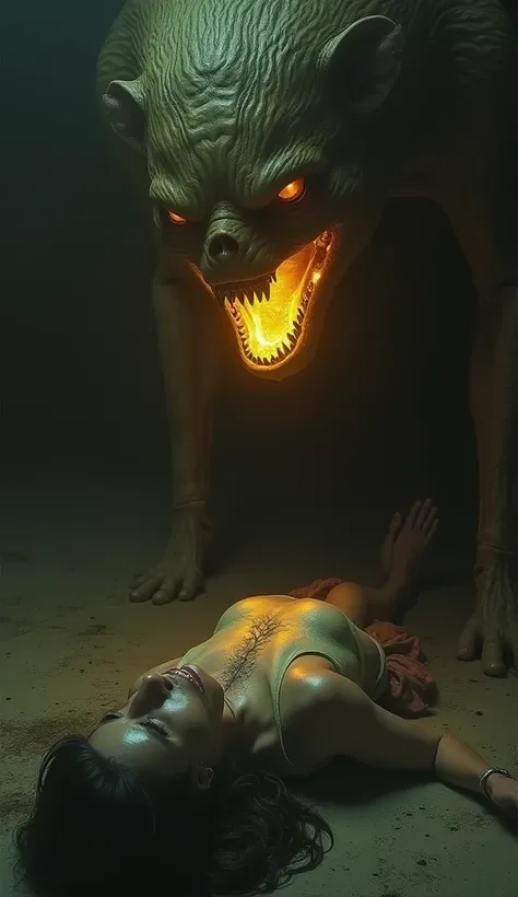  A vision of the Golden Mouth approaching a fainted victim ,  with her gleaming golden smile dominating the scene . The victims body is stretched on the ground ,  and the environment is dark ,  with a sense of desperation in the air ,  while the Golden Mou...