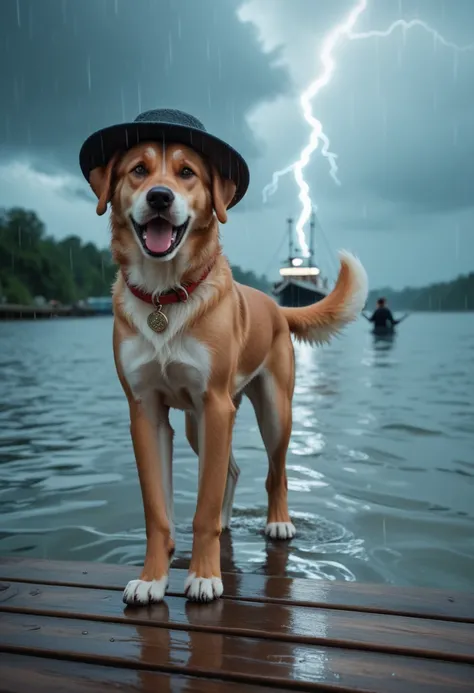 realistic style, photo, photorealistic, high detail, (sharp), (photorealism:1.2), (photo:1.2)
A brave little dog is standing at the edge of a wooden pier during a stormy evening. The dog is soaked from the rain, with water dripping from its fur, and it is ...