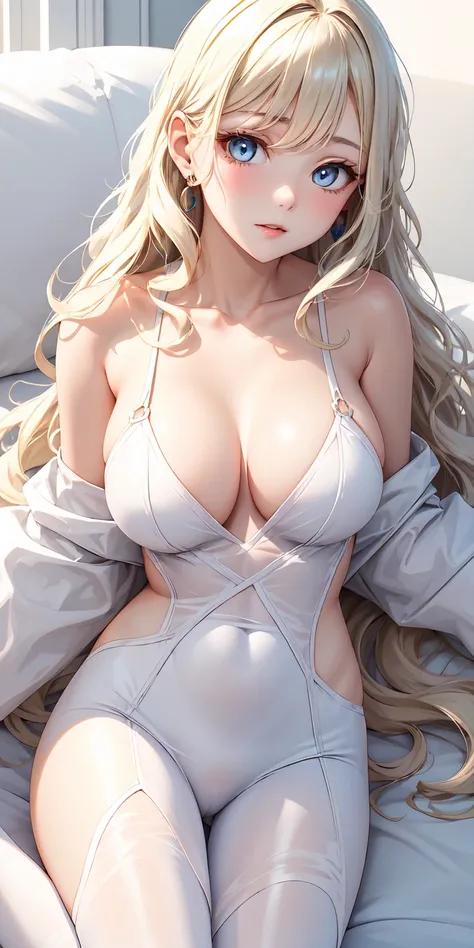 A beautiful woman with extreme pale skin and light blonde almost platinum wavy long hair that has never been cut with pale blue eyes, her lashes match her hair, she had cute light colored clothes 