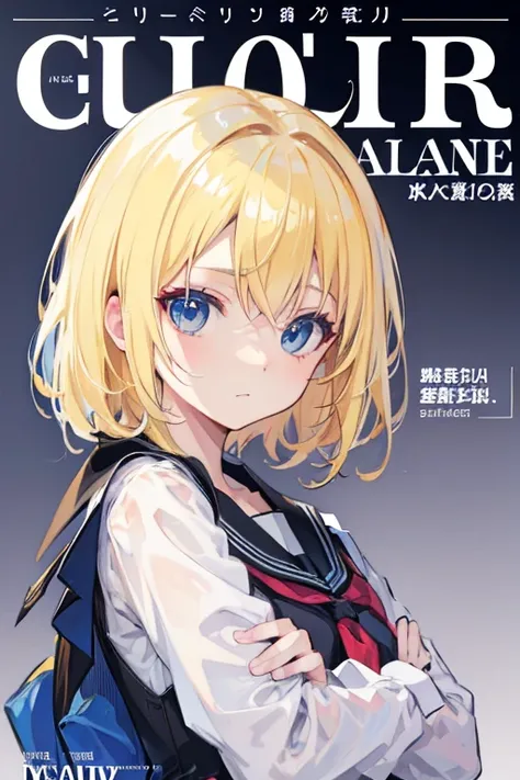 Blonde hair, blue eyes, black seifuku, magazine cover