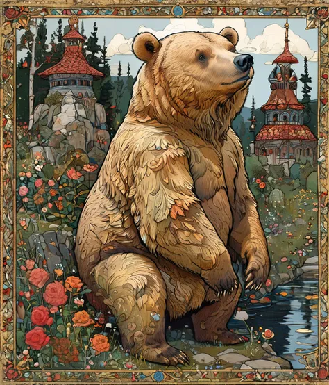 style of Ivan Bilibin, (cute, chubby, male, bear), adorable, magical, fantasy, hires textures, highly detailed, intricate details, best quality, masterpiece, zPDXL3