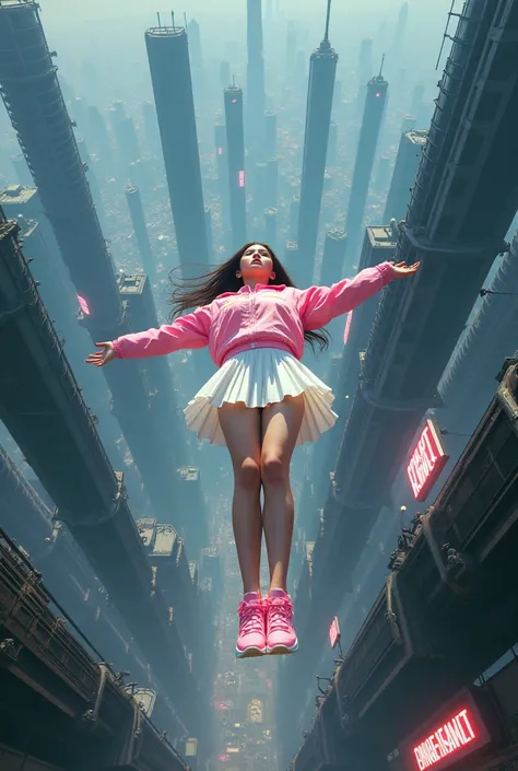 🤣🤣🤣🤣🤣🤣🤣
Prompt :
A futuristic cyberpunk cityscape with towering, densely packed skyscrapers and intricate architectural designs. In the foreground, seen from above, a beautiful Thai girl , looking at the camera, wearing fashion Pink Jacket  white pleated s...