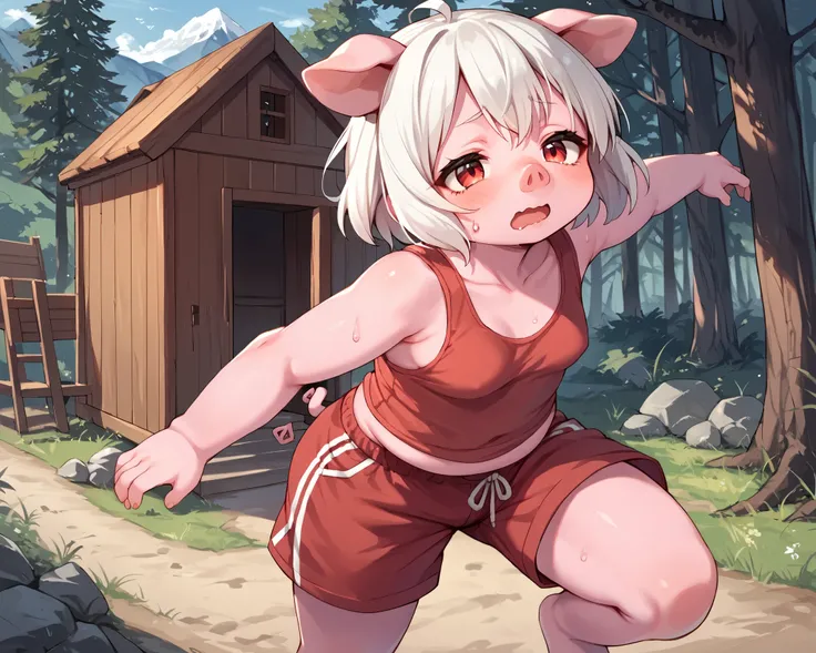 score_9_up, score_8_up, score_7_up, 1girl, solo, source_anime, (kemono, furry, pig), (pink skin) BREAK 

Pig ears, little pig tail, pig nose BREAK small breasts, white hair, short hair, red eyes, plump BREAK 

White tank top, plump, red shorts BREAK 

Runn...