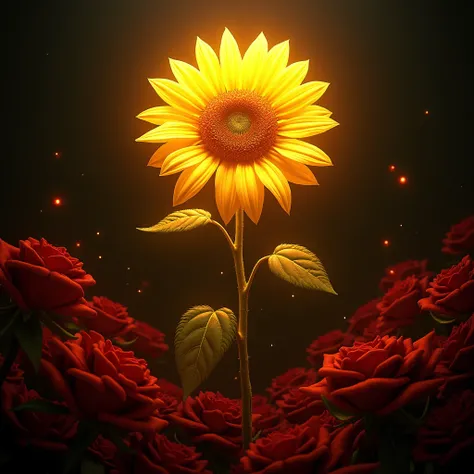  SUNFLOWER as bright as the sun, surrounded by roses with thorns and in a dark space.